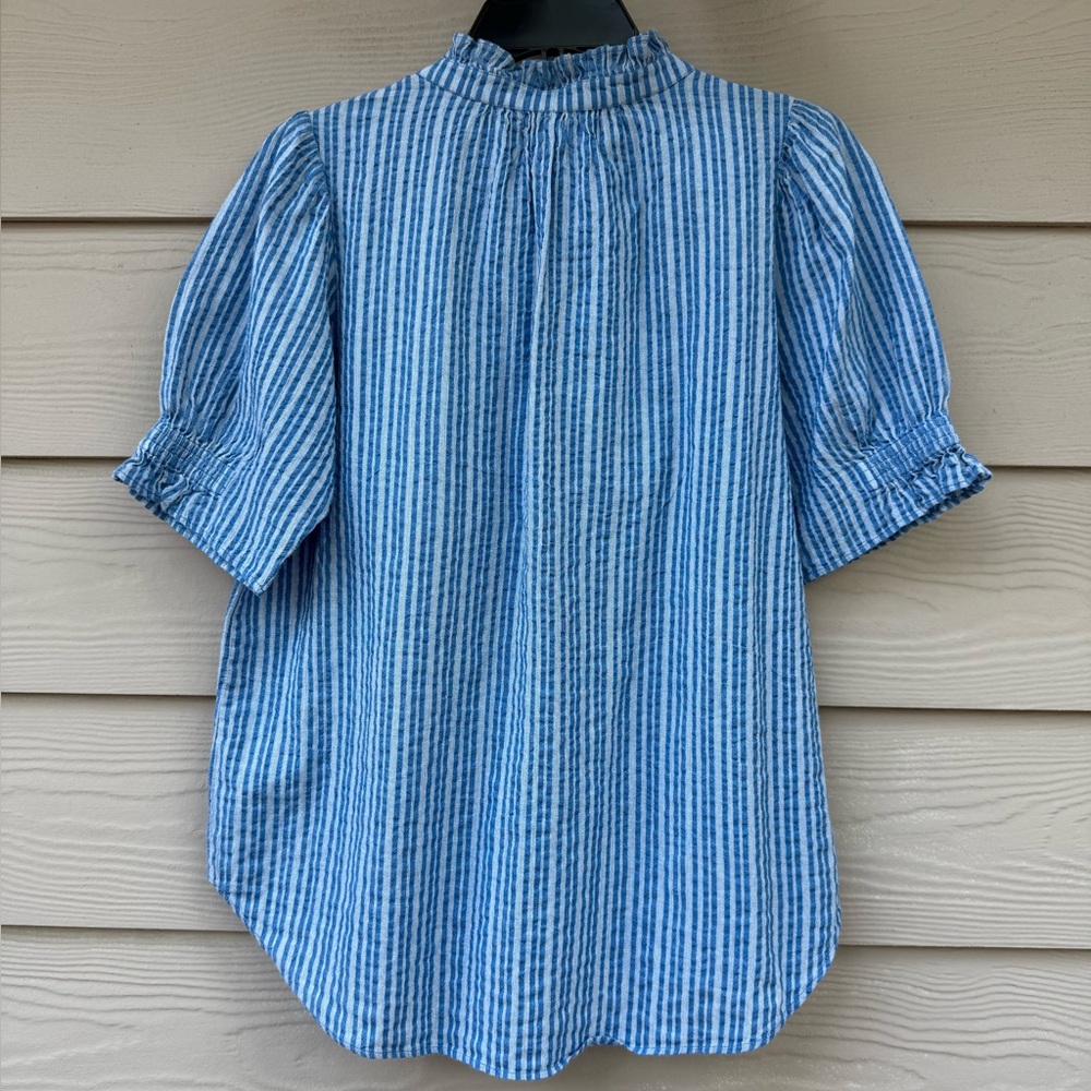 Apiece Apart Los Altos Top Blue Seersucker Stripe Puff Sleeve Henley - Picture 11 of 13